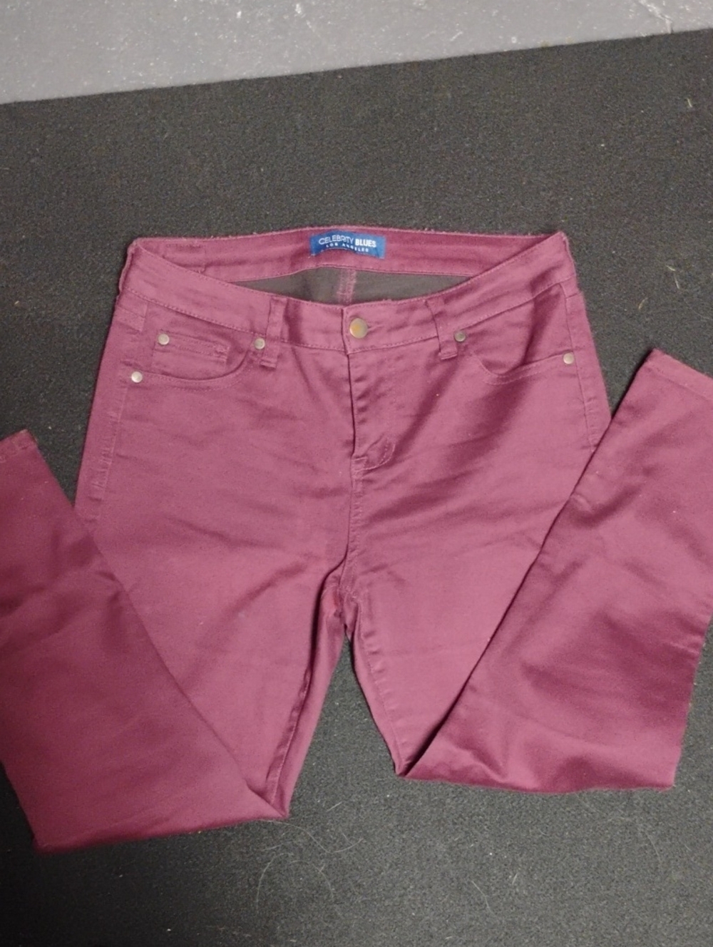 Celebrity Blue Maroon Skinny Jeans — Mid-Rise Stretch